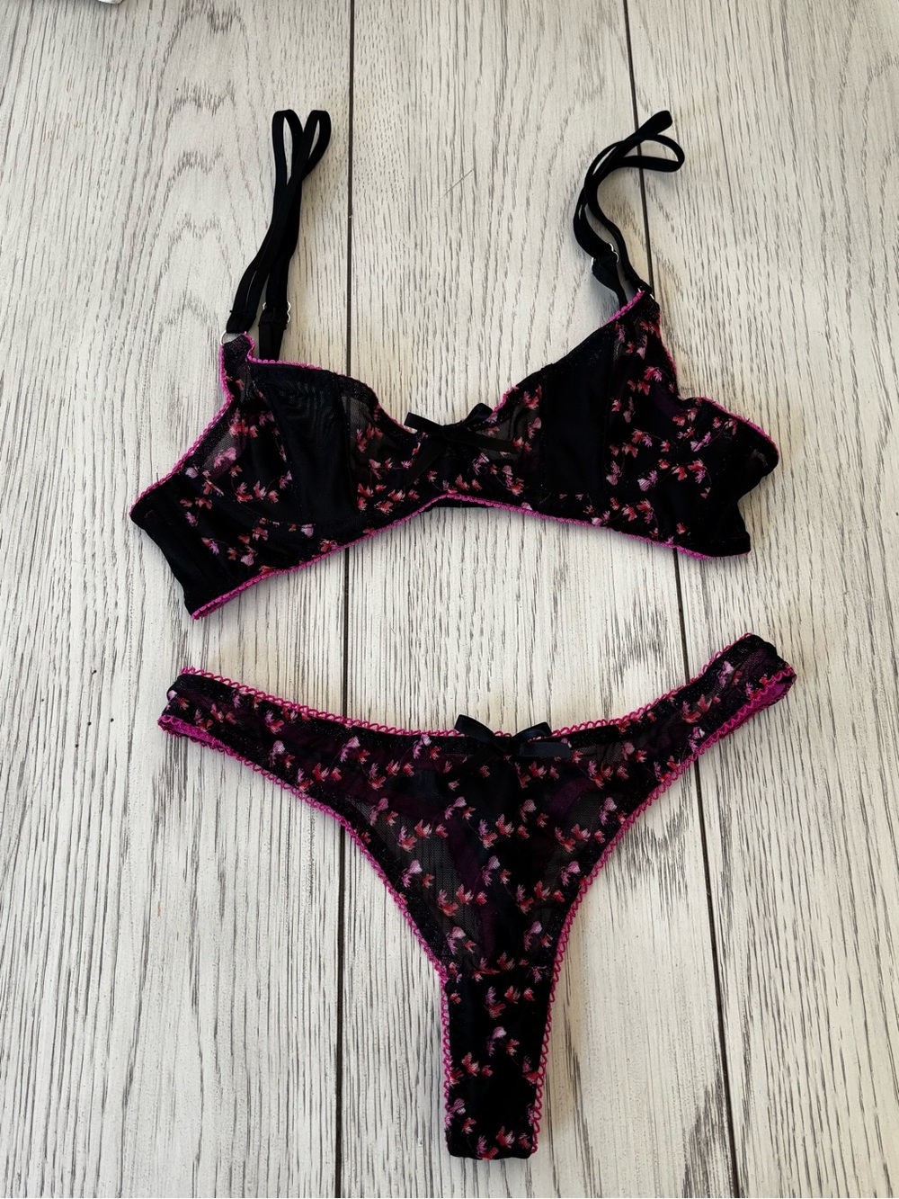 I.AM.GIA Black Sheer Bikini Set with Pink Floral Embroidery